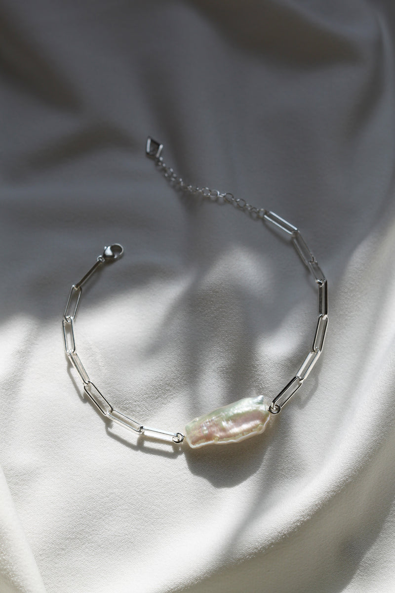 Bracelet chaîne ''paper clip'' + perle Biwa // Argent